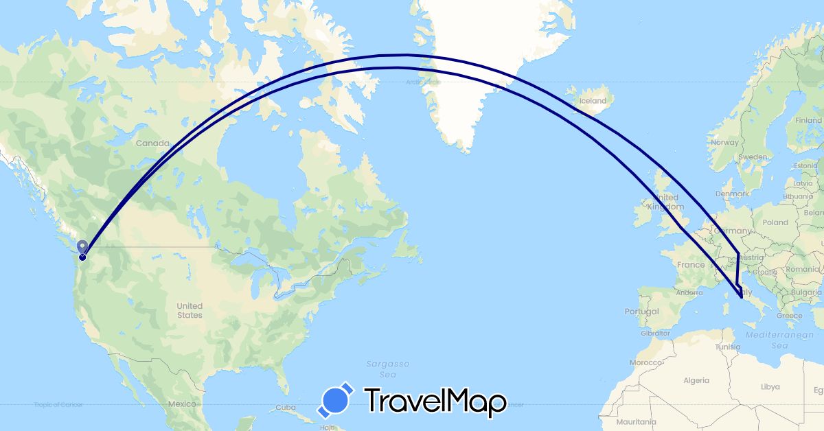 TravelMap itinerary: driving in Germany, United Kingdom, Iceland, Italy, United States (Europe, North America)